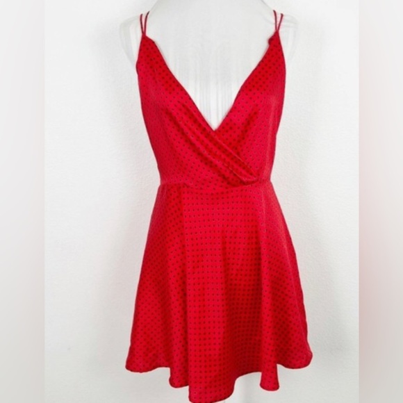 Zara red black polka dot satin silk look open back mini flare dress size large - Picture 8 of 8